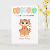 友達への子猫の誕生日祝いのメッセージ カード (黄色い花)