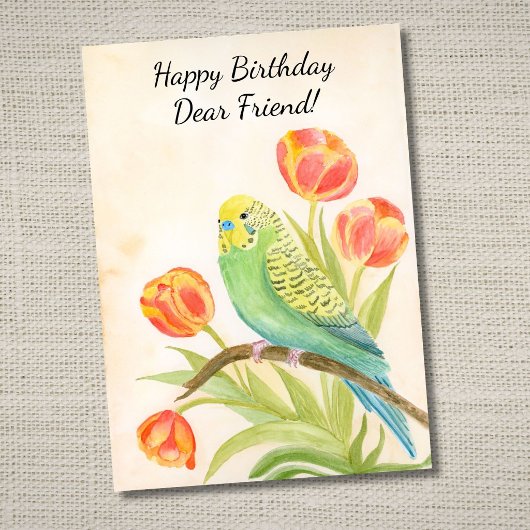 友達への誕生日お祝いに インコとチューリップ カード