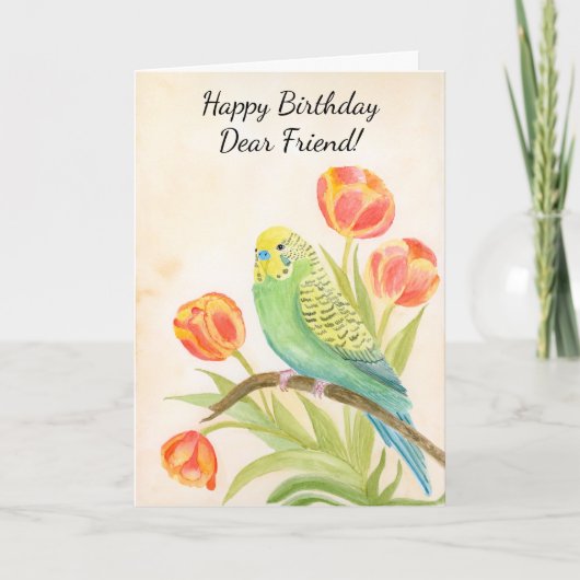 友達への誕生日お祝いに インコとチューリップ カード (正面)