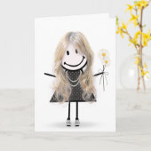 友達への誕生日ステッキーフィギュアの女の子 カード (黄色い花)