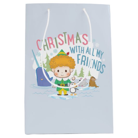 友達みんなで小妖精や小人のクリスマスを楽しむ ミディアムペーパーバッグ (正面)