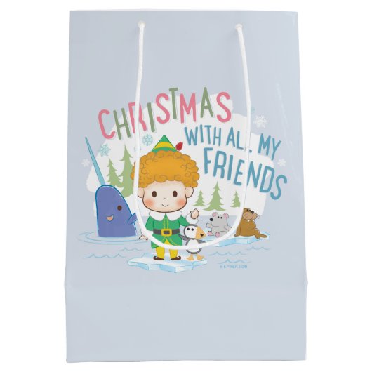 友達みんなで小妖精や小人のクリスマスを楽しむ ミディアムペーパーバッグ (裏面)