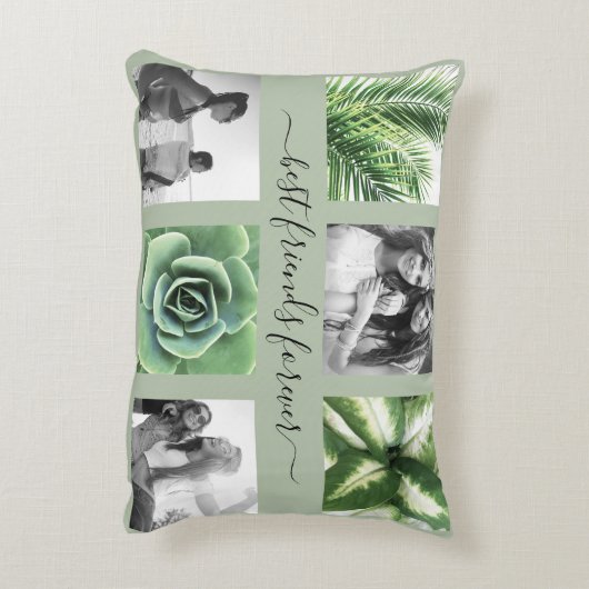 友達最高の永遠6枚のフォトコラージュのセージ緑の緑 アクセントクッション (裏面(縦))