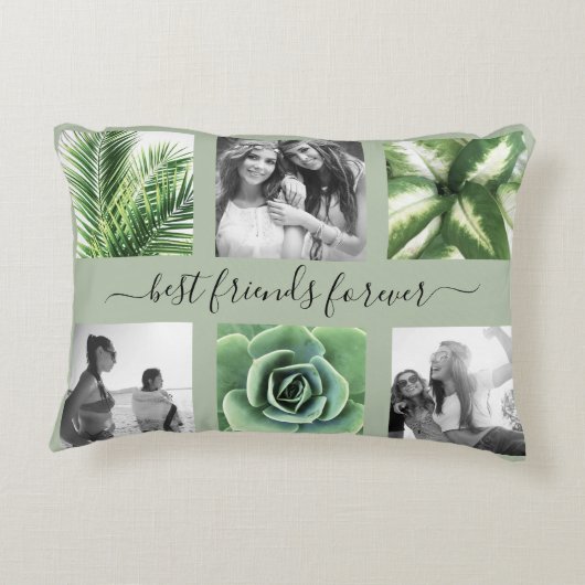 友達最高の永遠6枚のフォトコラージュのセージ緑の緑 アクセントクッション (裏面)