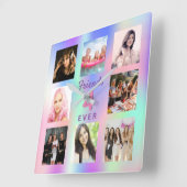 友達永遠にピンク紫色のミントフォトコラージュ スクエア壁時計 (傾斜)