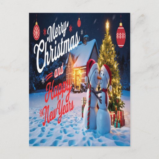 友霜の降りた人:雪だるまとクリスマスツリーのダンス ポストカード (正面)