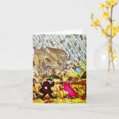 双合雨の猫と犬のグリーティングカード カード (黄色い花)