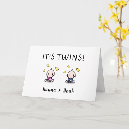 双子おめでとうございます，名前カスタム，ご祝い カード (黄色い花)