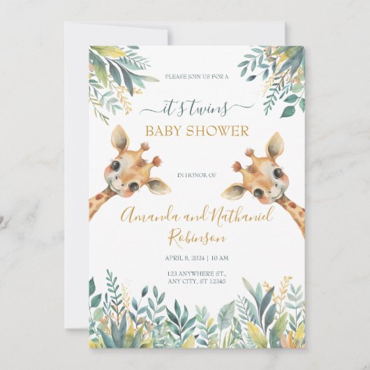 双子かわいい野生のジャングル動物 招待状 (正面)