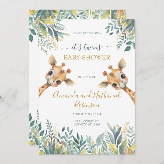双子かわいい野生のジャングル動物 招待状 (正面/裏面)
