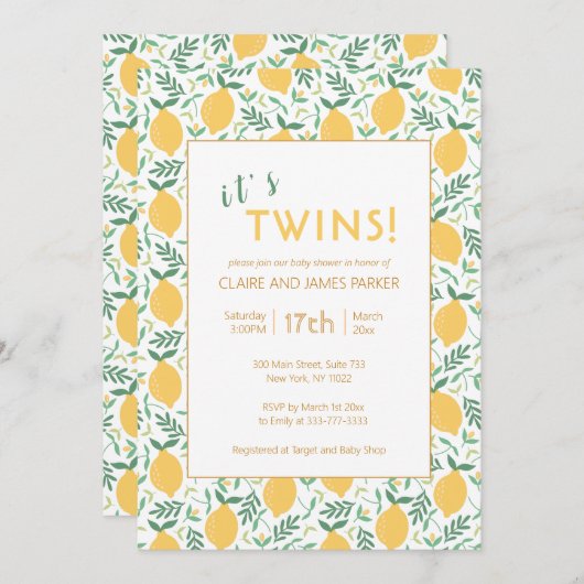 双子かわいい黄色のレモンの葉ベビーシャワー 招待状 (正面/裏面)