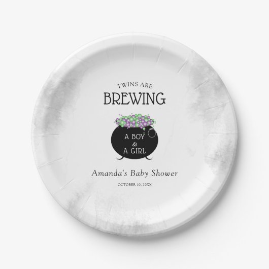 双子がハロウィーンの赤ちゃんシャワーを醸造している ペーパープレート (正面)