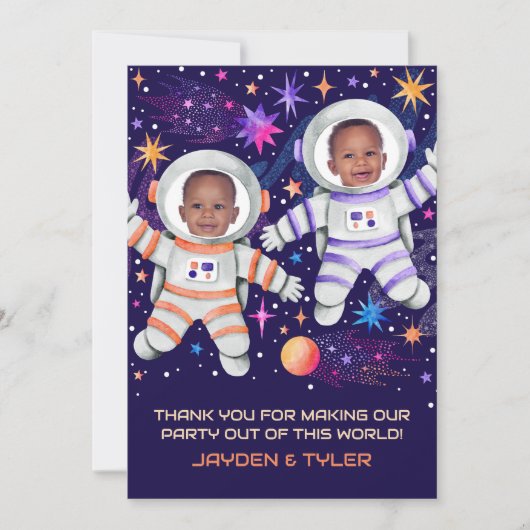 双子が太陽のまわりに宇宙飛行士の写真を最初に旅 サンキューカード (正面)