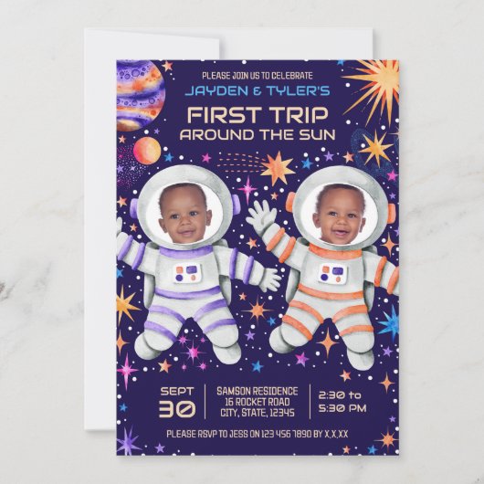 双子が太陽のまわりに宇宙飛行士の写真を最初に旅 招待状 (正面)