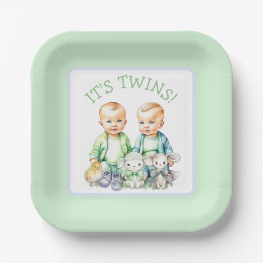 双子だ！かわいい男の子ツインベビーシャワー ペーパープレート (正面)