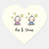 双子だ！ピンク&ブルーのツインパーソナライズされたベビー ハートシール (正面)