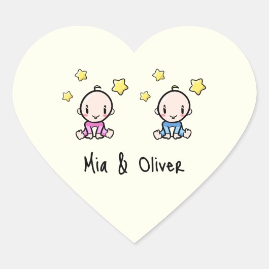 双子だ！ピンク&ブルーのツインパーソナライズされたベビー ハートシール (正面)