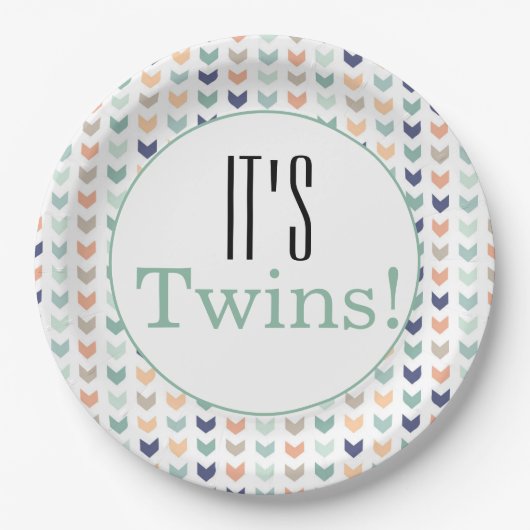 双子だ！幾何学的モダンベビーシャワーパーティー ペーパープレート (正面)