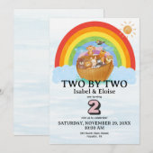 双子ちゃんの2歳誕生日におすすめのノアの箱舟ガールズバースデー招待状「TWIN Two by Two 招待状 (正面/裏面)