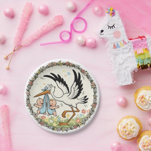 双子とコウノトリのヴィンテージデザイン ペーパープレート (パーティー)