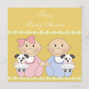 双子と子犬の黄色いベビーシャワー 招待状