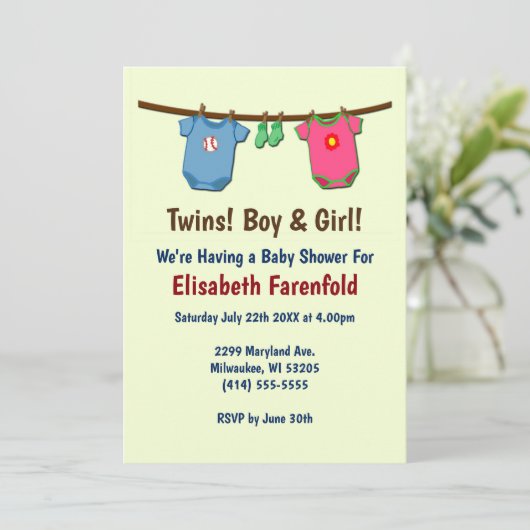 双子と男の子と女の子の赤ちゃんシャワー招待状 招待状 (スタンド正面)
