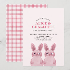 双子のうさぎの誕生日パーティー 女の子の赤ちゃんのための 招待状