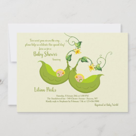 双子のえんどう豆のベビーシャワーの招待状 招待状 (正面)