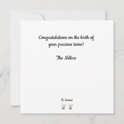 双子のおめでとうございます、名前、女の子と男の子。 カード (裏面)