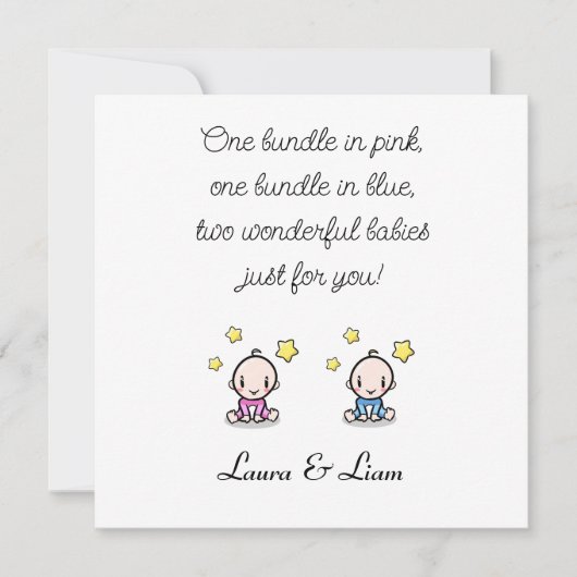 双子のおめでとうございます、名前、女の子と男の子。 カード (正面)