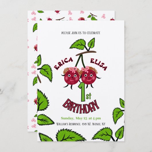 双子のさくらんぼの女の子 招待状 (正面/裏面)