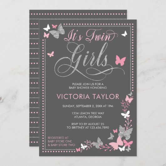 双子のためのバタフライベビーシャワー招待状 招待状 (正面/裏面)