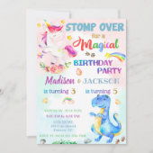 双子のためのユニコーンと恐竜の誕生日の招待 招待状 (正面)