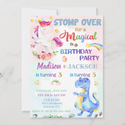 双子のためのユニコーンと恐竜の誕生日の招待 招待状 (正面)