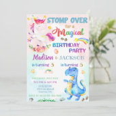 双子のためのユニコーンと恐竜の誕生日の招待 招待状 (スタンド正面)