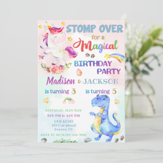 双子のためのユニコーンと恐竜の誕生日の招待 招待状 (スタンド正面)