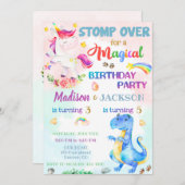 双子のためのユニコーンと恐竜の誕生日の招待 招待状 (正面/裏面)