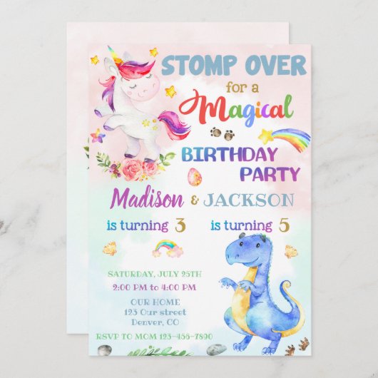 双子のためのユニコーンと恐竜の誕生日の招待 招待状 (正面/裏面)