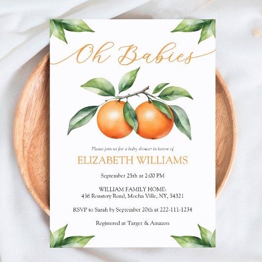 双子のための水色オレンジ色ベビーシャワー招待状 招待状