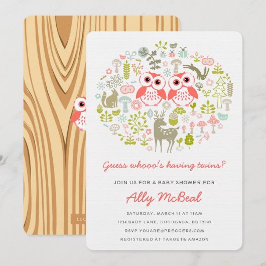 双子のオウルベイビーシャワー招待状 ガールズ ピンク 招待状 (正面/裏面)