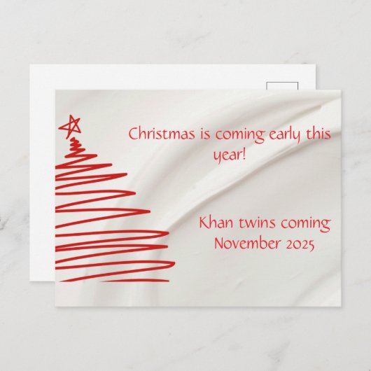 双子のクリスマスをテーマにした妊娠告知 ポストカード (正面/裏面)