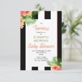 双子のストライプトロピカルコーラルベイビーシャワー 招待状 (スタンド正面)