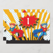 双子のスーパーヒーロー誕生日  |  ブロンド 招待状 (正面/裏面)