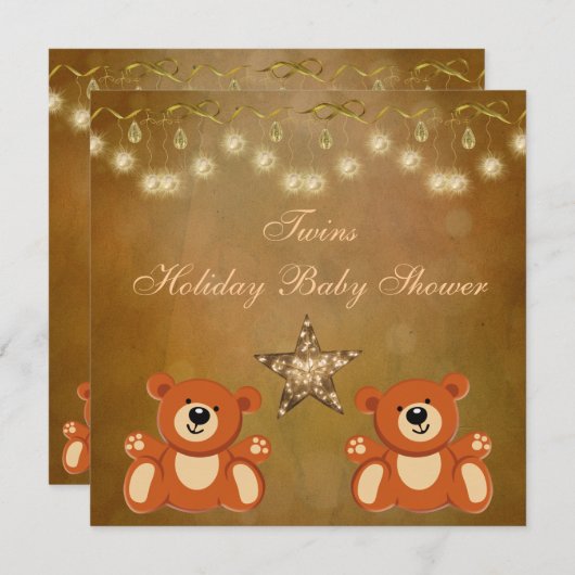 双子のテディが中立のクリスマス·ベビーシャワーを授ける 招待状 (正面/裏面)