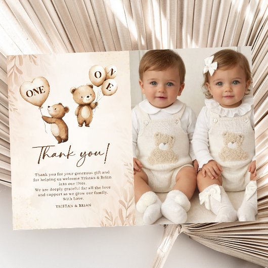 双子のテディベアバルーン 写真 1歳の誕生日 サンキューカード