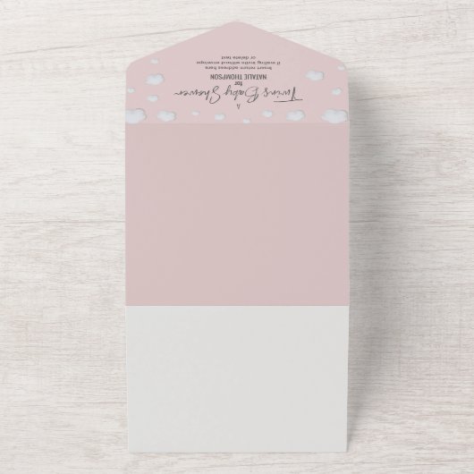 双子のトラブル 双子ちゃんの予測とベビーシャワーのお知らせ オールインワン招待状 (外側)