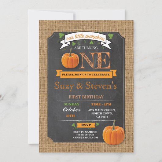 双子のパンプキン1歳の誕生日パーティーの招待状 招待状 (正面)