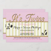 双子のピンクの女の子 ゴールド ベビーシャワー ストライプ 招待状 (正面/裏面)