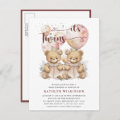 双子のピンク風船 テディベア 赤ちゃんのお披露目パーティー インビテーションポストカード (正面/裏面)