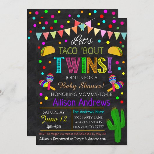 双子のフィエスタベビーシャワー 招待状 (正面/裏面)